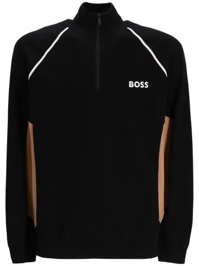 Hugo Boss Cotton-blend Sweater With Colour-blocking And Logo In Black