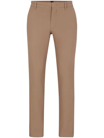 Hugo Boss Logo-embroidered Cotton-blend Tapered Trousers In Neutrals