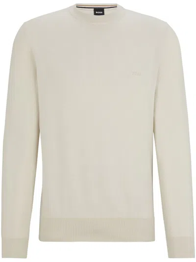 Hugo Boss Logo-embroidered Cotton Jumper In Neutrals