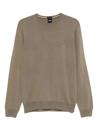 Hugo Boss Logo-embroidered Crew-neck Sweater In Brown