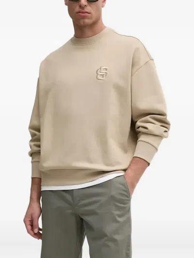 Hugo Boss Logo-embroidered Crew-neck Sweatshirt In Neutral