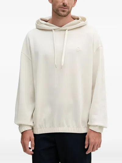 Hugo Boss Logo-embroidered Drawstring Hoodie In Neutral