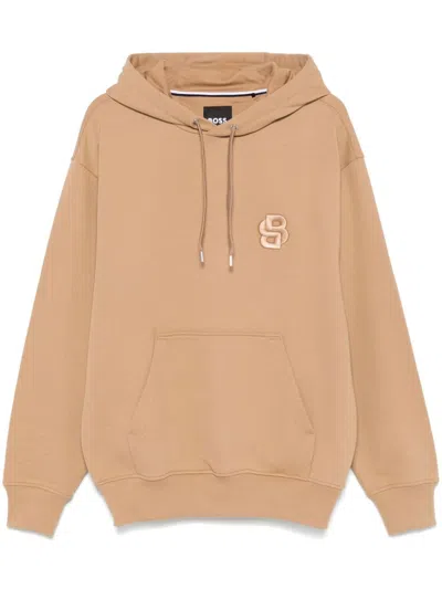 Hugo Boss Logo-embroidered Hoodie In Brown
