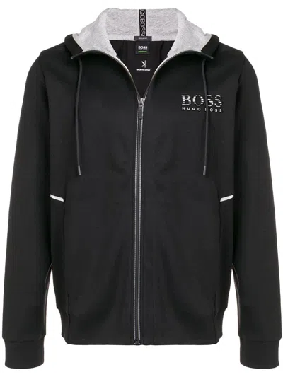 Hugo Boss Logo Embroidered Patch Hooded Sweater In Black
