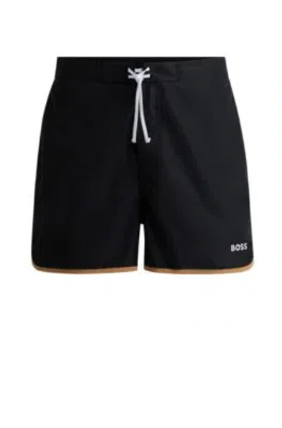 Hugo Boss Logo-embroidered Quick-dry Swim Shorts With Contrast Details In Black