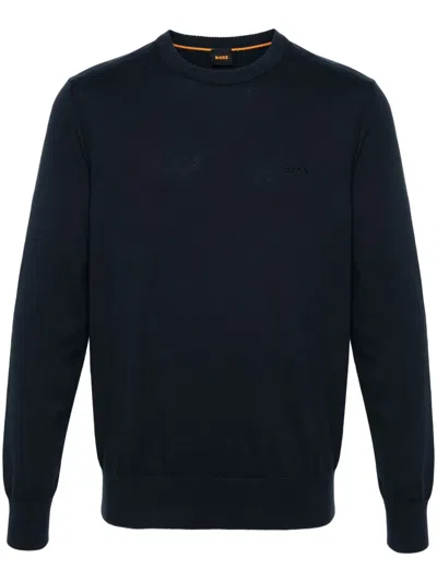 Hugo Boss Logo-embroidered Ribbed Jumper In Blue