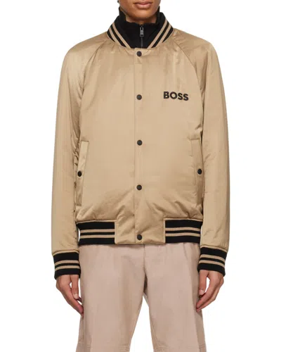 Hugo Boss Logo-embroidered Satin Bomber Jacket In Gold
