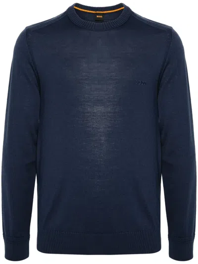 Hugo Boss Logo-embroidered Virgin Wool Blend Jumper In Blue
