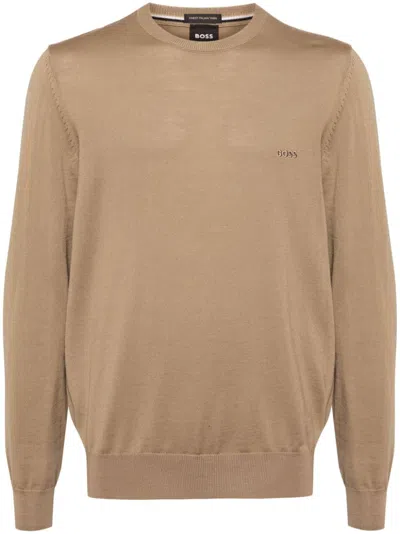 Hugo Boss Logo-embroidered Wool Jumper In Brown