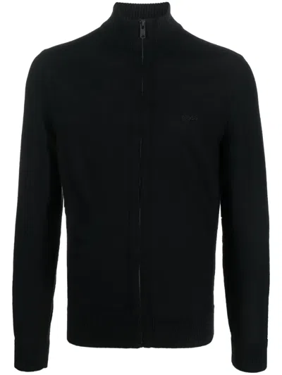 Hugo Boss Logo-embroidered Zip-up Cardigan In Black