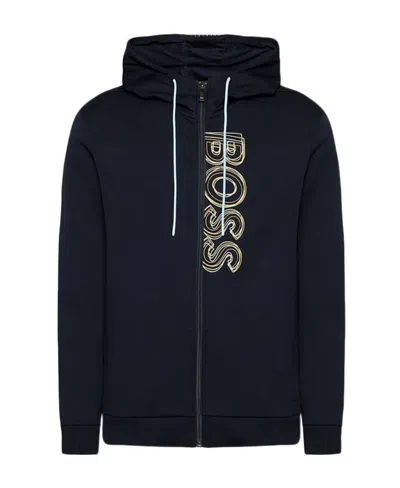 Hugo Boss Logo Embroidered Zipper With Hat Casual Coat In Black