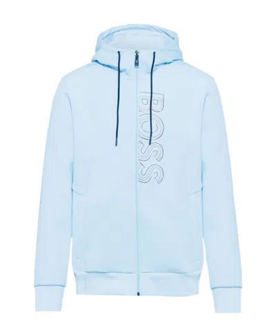 Hugo Boss Logo Embroidered Zipper With Hat Casual Coat In Blue