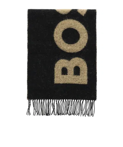 Hugo Boss Logo-intarsia Knit Scarf In Black