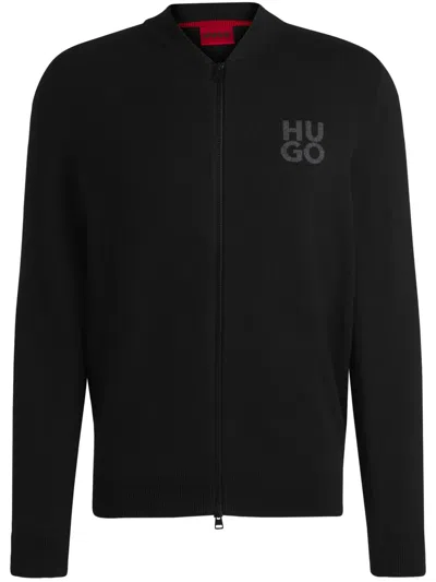 Hugo Boss Zip-up Cardigan In Cotton With Stacked Logo In 001-black