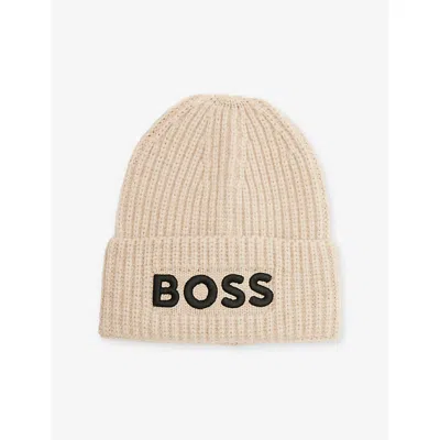 Hugo Boss Kids' Logo Knitted Beanie Hat In Off White Marl