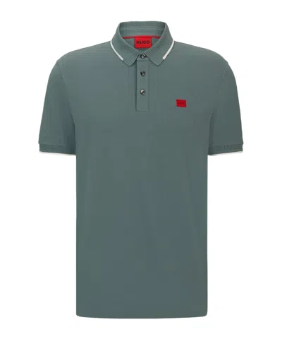 Hugo Boss Cotton-piqu Slim-fit Polo Shirt With Red Logo Label In Dark Green