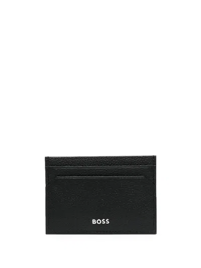 Hugo Boss Grained-leather Card Holder With Polished Logo Lettering In Blue
