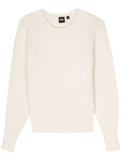 Hugo Boss Logo-lettering Chunky-knit Jumper In Neutrals