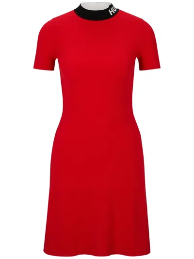 Hugo Boss Short-sleeved Knitted Dress With Logo Collar In Light Pink