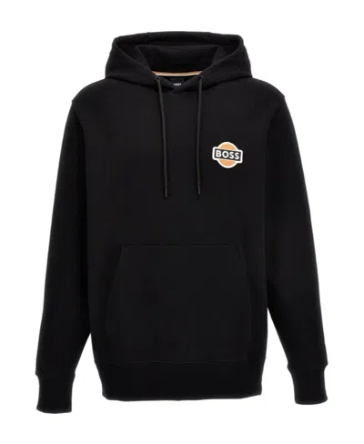 Hugo Boss Logo-patch Cotton Drawstring Hoodie In Black