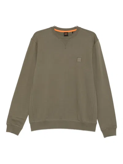Hugo Boss Logo-patch Crew-neck Sweater In Green