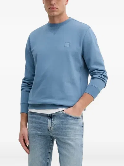 Hugo Boss Logo-patch Crew-neck Sweatshirt In Blue