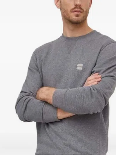 Hugo Boss Logo-patch Crew-neck Sweatshirt In Gray