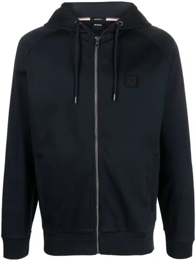 Hugo Boss Logo-patch Drawstring Hoodie In Blue