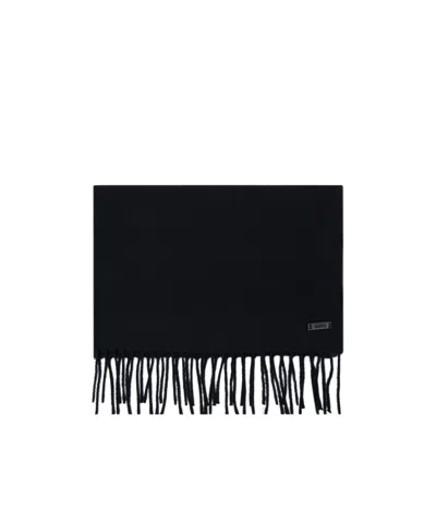 Hugo Boss Logo-patch Fringed Scarf In Black