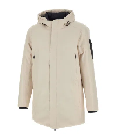 Hugo Boss Logo Patch Hooded Coat In Neutral
