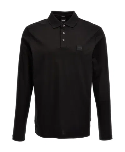 Hugo Boss Logo-patch Long-sleeve Polo Shirt In Black