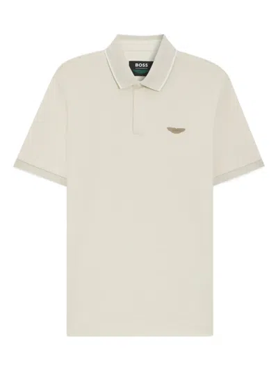 Hugo Boss Off White Solid Shirt Collar Polo In Neutral