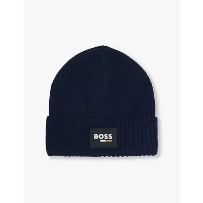 Hugo Boss Navy Logo-patch Ribbed-cuff Knitted Beanie Hat 2-3 Y In Navy