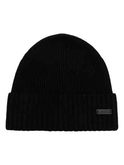 Hugo Boss Logo-patch Virgin Wool Beanie In Black