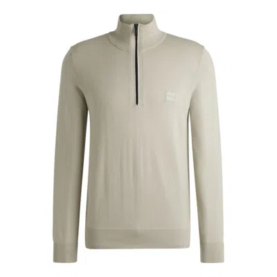 Hugo Boss Logo-patch Zip-neck Sweater In Cotton And Cashmere In Beige
