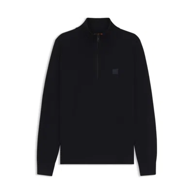 Hugo Boss Logo-patch Zip-neck Sweater In Cotton And Cashmere In Black