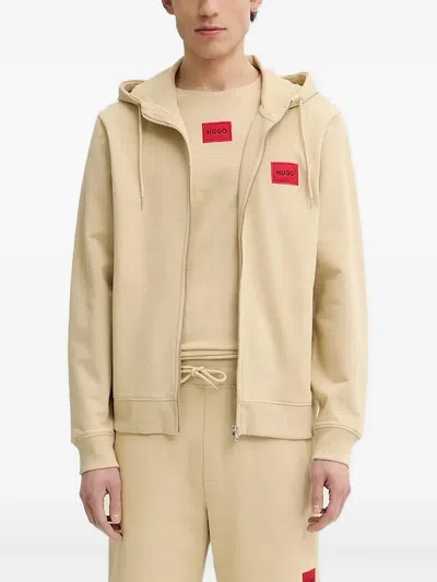 Hugo Boss Logo-patch Zip-up Hoodie In Neutral