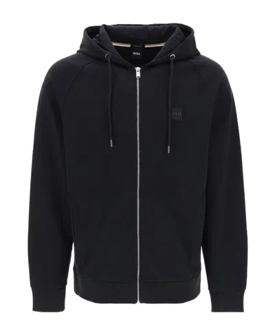 Hugo Boss Logo-patch Zipped Drawstring Hoodie In Black