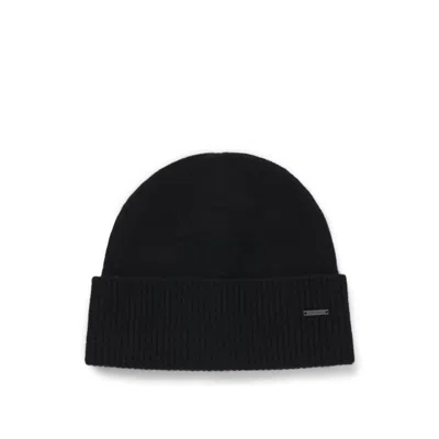 Hugo Boss Logo-plaque Beanie Hat In Cashmere In Black