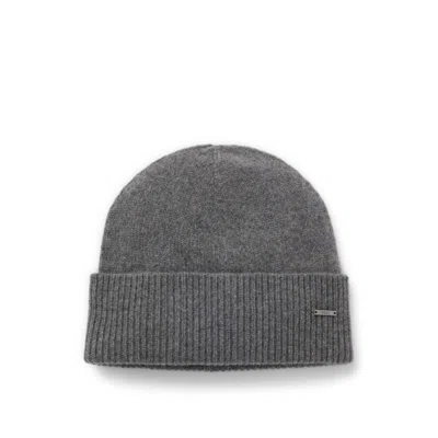 Hugo Boss Logo-plaque Beanie Hat In Cashmere In Brown