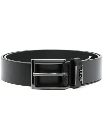 Hugo Boss Logo-plaque Leather Belt In Black