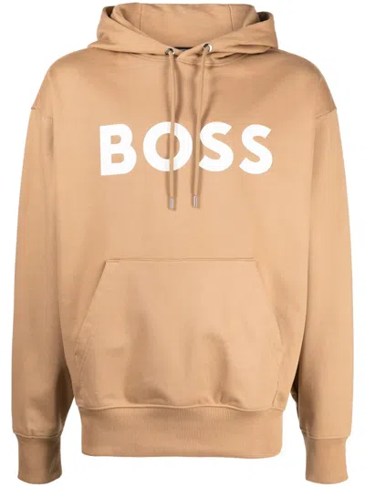 Hugo Boss Iconic Cotton Logo Print Oversized Fit Hoodie In Brown
