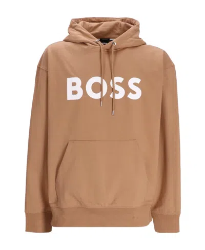 Hugo Boss Iconic Cotton Logo Print Oversized Fit Hoodie In Brown