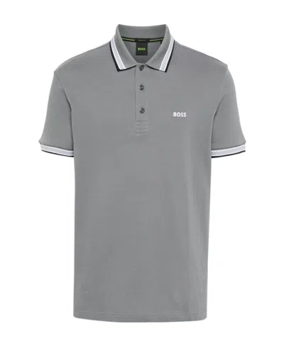 Hugo Boss Cotton Polo Shirt With Contrast Logo Details In Grey