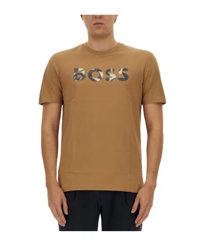 Hugo Boss Logo-print Cotton T-shirt In Brown