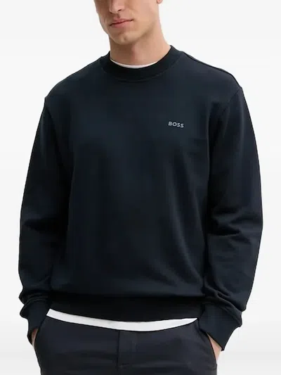 Hugo Boss Logo-print Crew-neck Sweatshirt In Blue