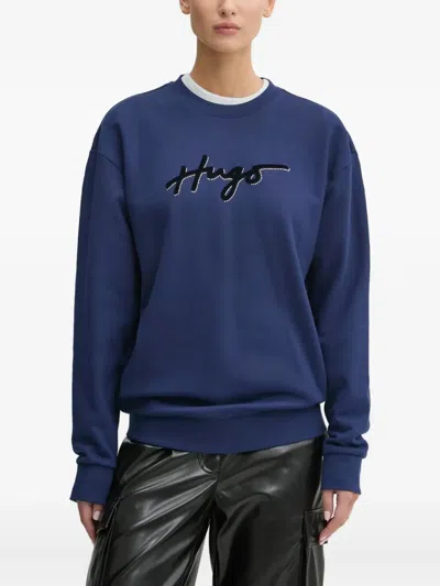 Hugo Boss Logo-print Crew-neck Sweatshirt In Blue