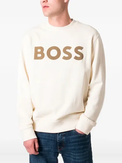 Hugo Boss Logo-print Crew-neck Sweatshirt In Neutral