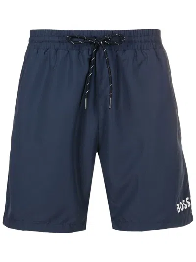 Hugo Boss Logo-print Detail Swim Shorts In Blue