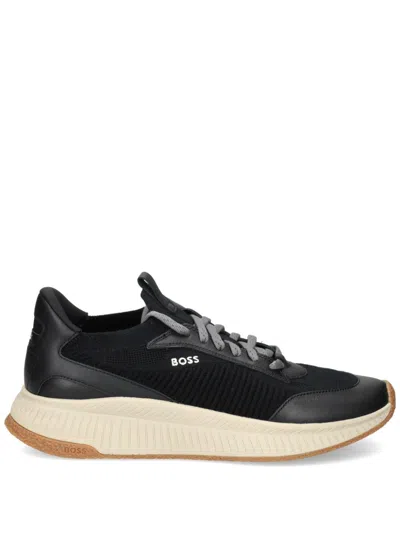 Hugo Boss Logo-print Knitted Sneakers In Black